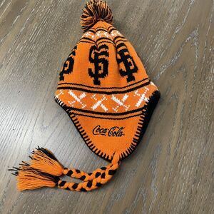 San Francisco Giants x Coca Cola Pom Pom Ear Flap Beanie Baseball Orange Black